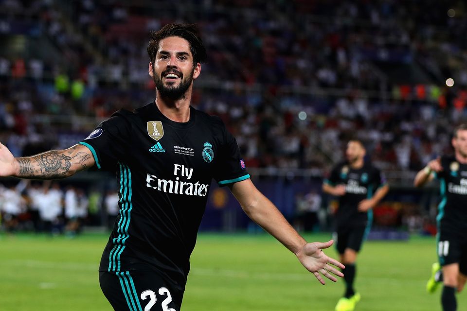 Isco of Real Madrid celebrates after scoring his sides second goal during the UEFA Super Cup match between Real Madrid and Manchester United at National Arena Filip II Macedonian on August 8, 2017 in Skopje, Macedonia.  (Photo by Chris Brunskill Ltd/Getty Images)