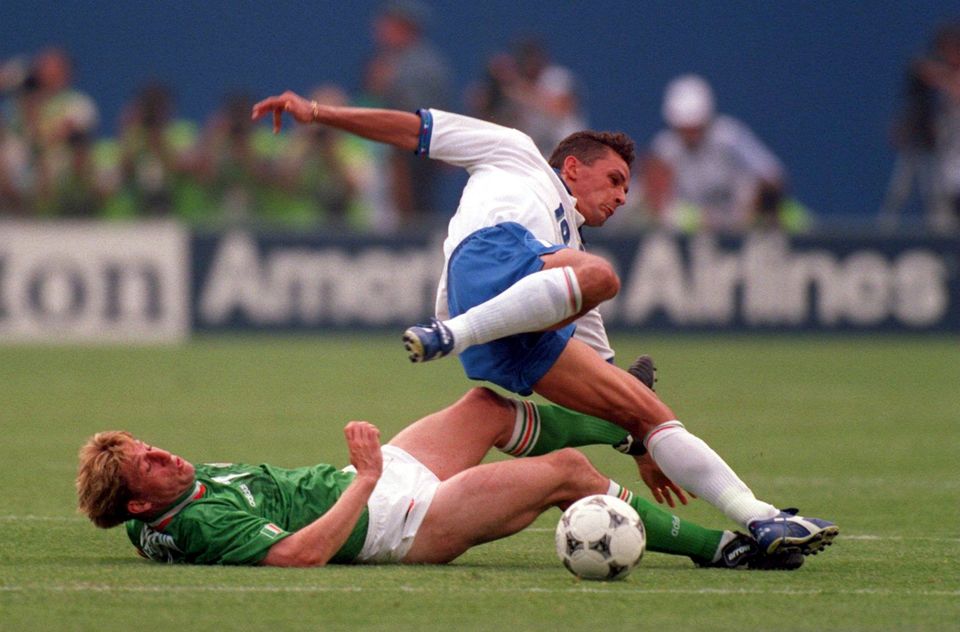 Ireland's Andy Townsend tackles Italy's Roberto Baggio during their 1994 World Cup opener in Giants Stadium, New Jersey which Ireland won 1-0. Photo: Getty