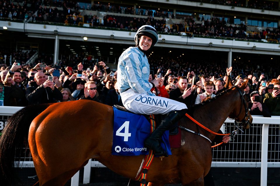 Jockey Rachael Blackmore and Honeysuckle after winning the Close Brothers Mares' Hurdle during the 2023 Cheltenham Racing Festival. Photo: Harry Murphy/Sportsfile