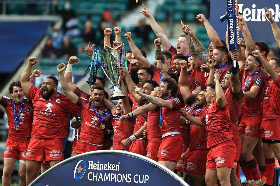 Antoine Dupont, captain of Toulouse, celebrates with team-mates after their victory during the Heineken Champions Cup Final against La Rochelle at Twickenham in May of last year. Photo: David Rogers/Getty Images