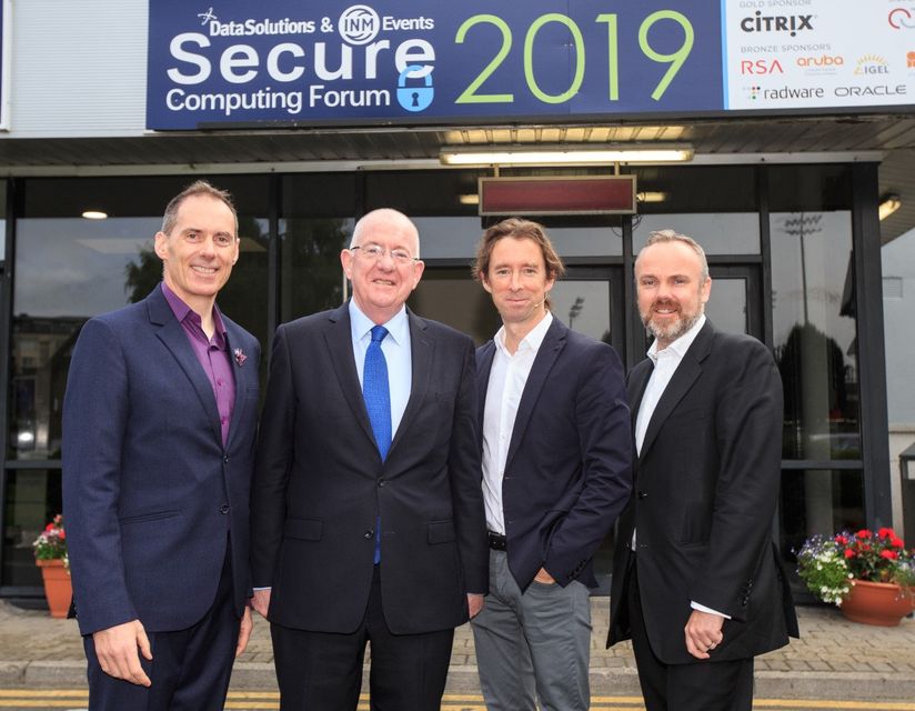 Minister Charlie Flanagan who opened the Secure Computing Forum 2019 pictured with Michael O'Hora, Group Managing Director Data Solutions, Adrian Weckler Tech Editor INM, Cormac Bourke Editor Irish Independent and Sunday Independent Pic:Mark Condren