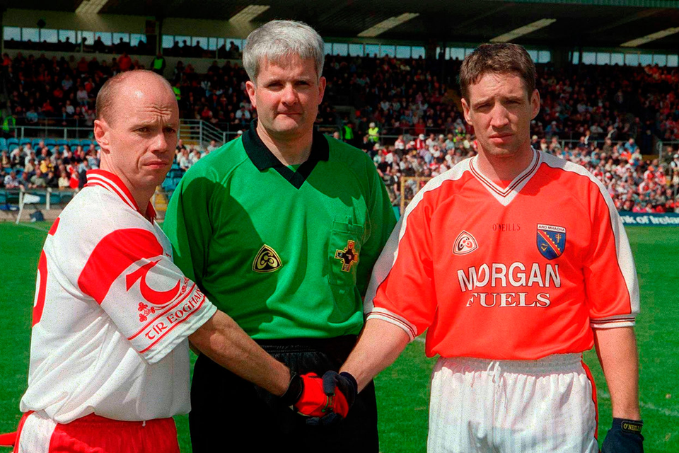 Kieran McGeeney with Peter Canavan as captains of Armagh v Tyrone before the Ulster SFC of 2002. McGeeney would go on to captain Armagh to All-Ireland success that season. Picture credit: Pat Murphy / Sportsfile