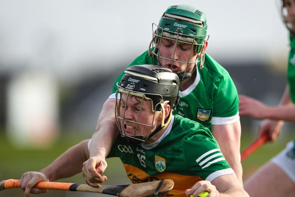 Invaluable experience: Shane Conway of Kerry is tackled by Mark Quinlan of Limerick during the Co-Op Superstores Munster Hurling League Group 2 match last month Photo by Michael P Ryan/Sportsfile