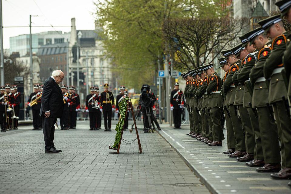 President Michael D Higgins lays a wreath outside the GPO today. Pic: Mark Condren