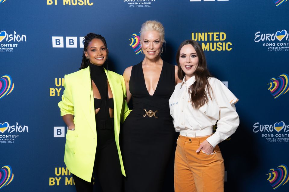 Eurovision hosts Hannah Waddingham (centre) and Julia Sanina (right), with Alesha Dixon at the Eurovision media launch (James Stack/PA)