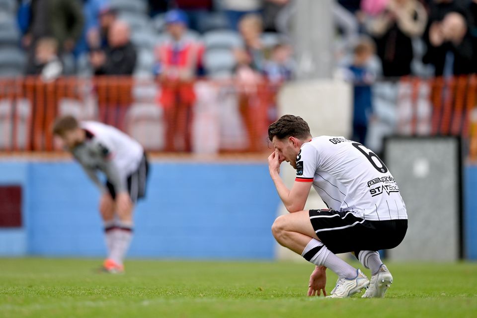 Koen Oostenbrink cut a dejected figure following Dundalk FC's defeat by Drogheda United at Weavers Park on Monday afternoon.