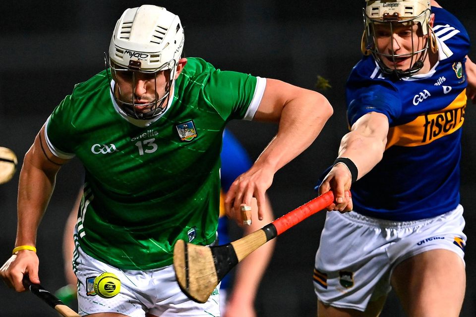 Aaron Gillane of Limerick in action against Bryan O'Mara of Tipperary during the Allianz Hurling League Division 1 semi-final at TUS Gaelic Grounds in Limerick. Photo by Piaras Ó Mídheach/Sportsfile
