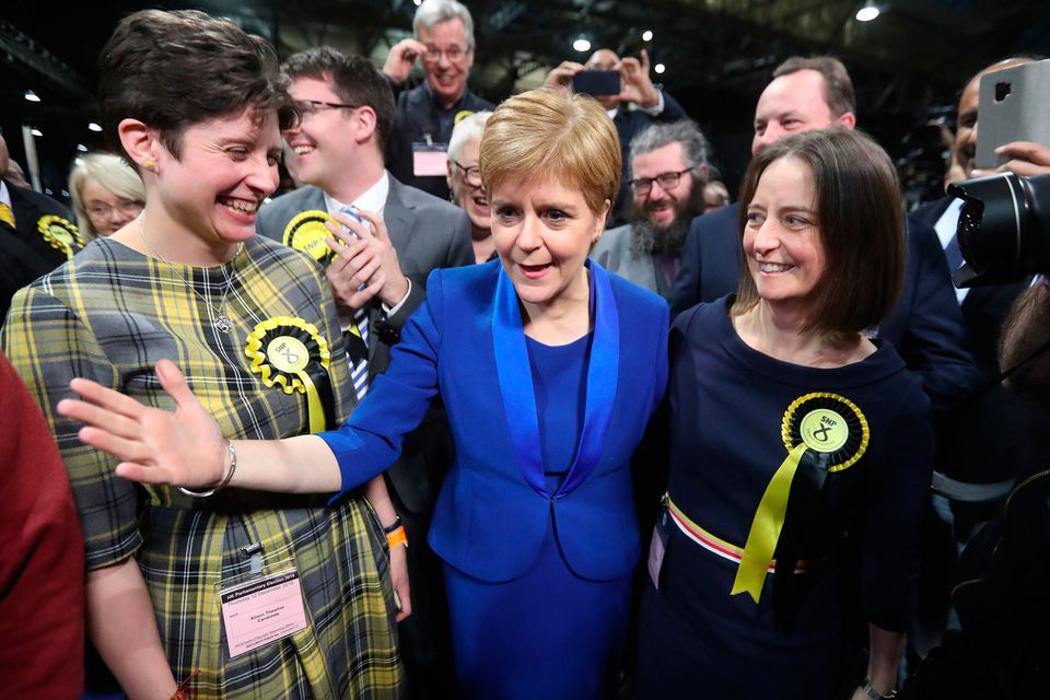 First Minister Nicola Sturgeon celebrates with supporters at the SEC Centre in Glasgow  during counting for the 2019 General Election. Andrew Milligan/PA Wire