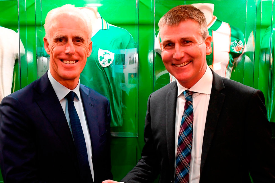 NEW TEAM: Republic of Ireland manager Mick McCarthy (left) and Republic of Ireland U21 manager Stephen Kenny at the Printworks, Dublin Castle ahead of tomorrow’s Euro 2020 Qualifying Draw in Dublin