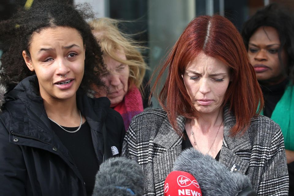 Alanna Quinn Idris (left) with mother Jamie speaking to the media after Darragh Lyons was sentenced. Photo: Collins