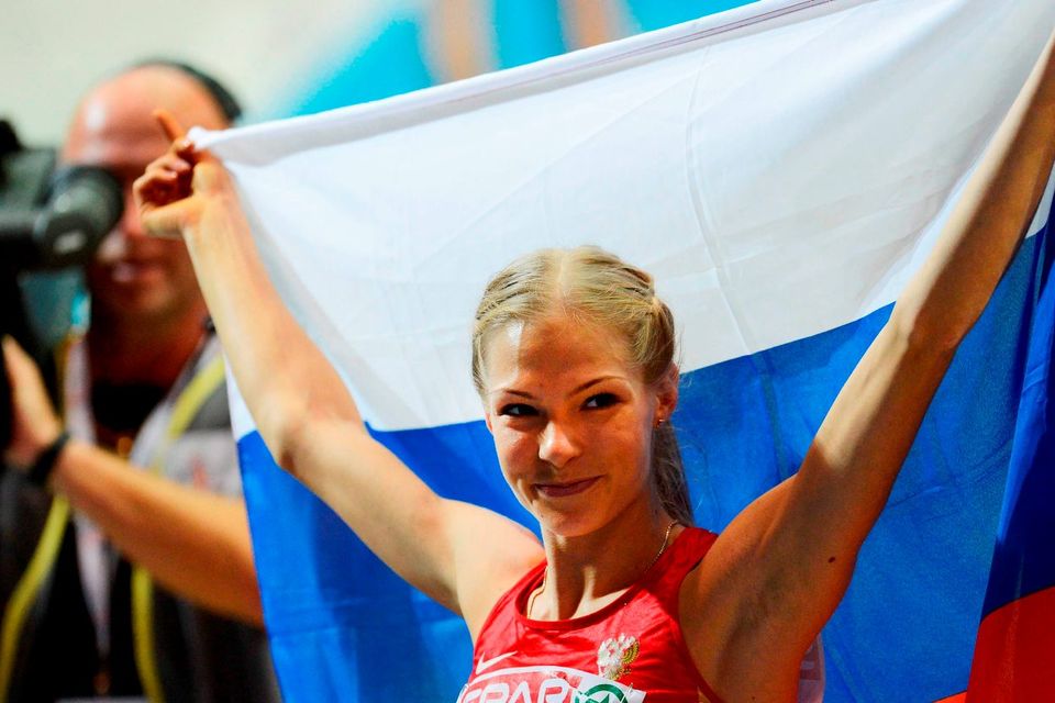 Russia’s Darya Klishina celebrating after she won the women’s Long Jump final at the 2013 European Indoors. Photo: AFP/Getty