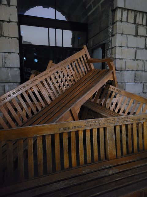 Park benches have blockaded the entrance to the Book of Kells. Photo: László Molnárfi/X