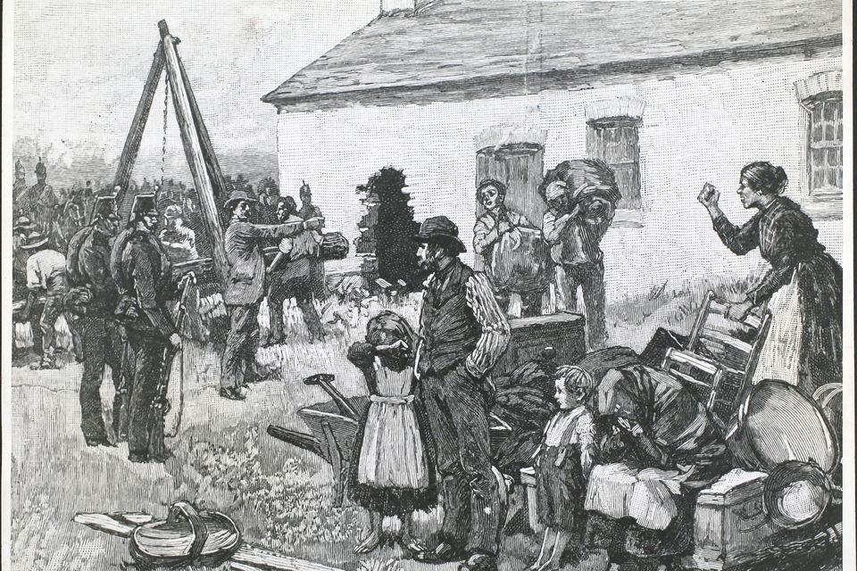 Eviction: A family being thrown out of their home in the 1870s. Illustration by Hulton Archive/Getty Images