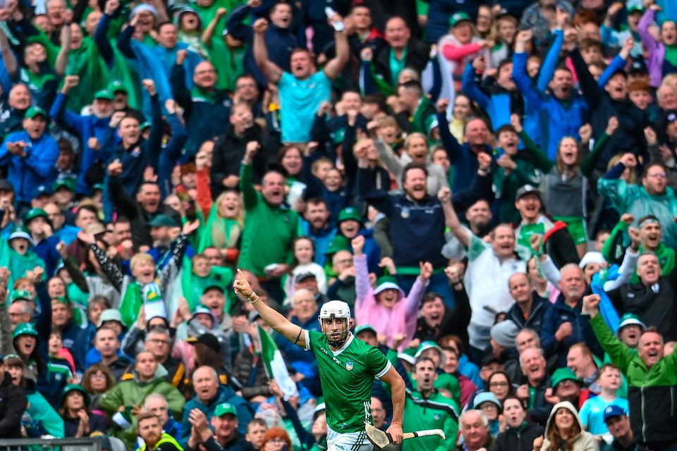 Aaron Gillane of Limerick celebrates a point during the GAA Hurling All-Ireland Senior Championship final match between Kilkenny and Limerick at Croke Park, Dublin, on Sunday. Photo: David Fitzgerald/Sportsfile