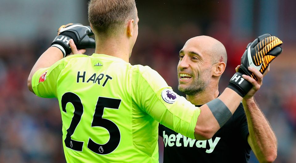 Joe Hart and Pablo Zabaleta of West Ham United celebrate their goal. Photo: Getty Images