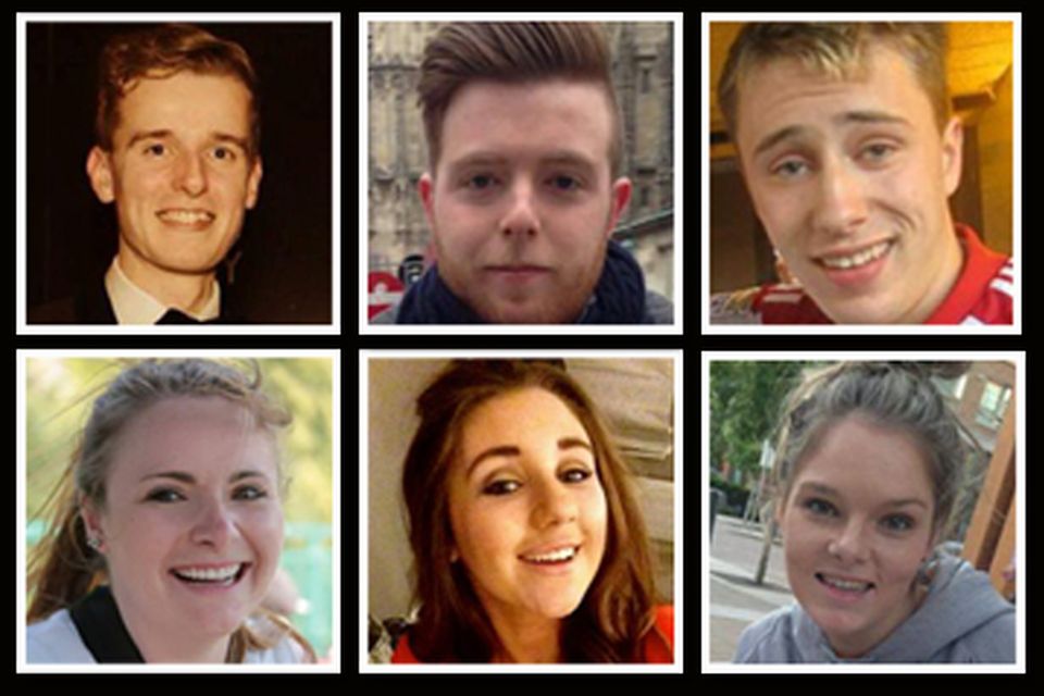 The six students who lost their lives in the tragic accident, top left to bottom right: Lorcan Miller, Eoghan Culligan, Nick Schuster, Ashley Donohoe, Eimear Walsh and Olivia Burke