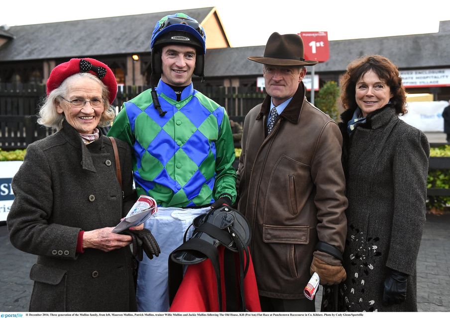 Three generation of the Mullins family (l-r) Maureen Mullins, Patrick Mullins, trainer Willie Mullins and Jackie Mullins at Punchestown Racecourse. Photo: Sportsfile