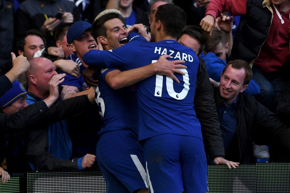 Chelsea's Cesar Azpilicueta (left) celebrates scoring his side's third goal against Watford with team-mate Eden Hazard
