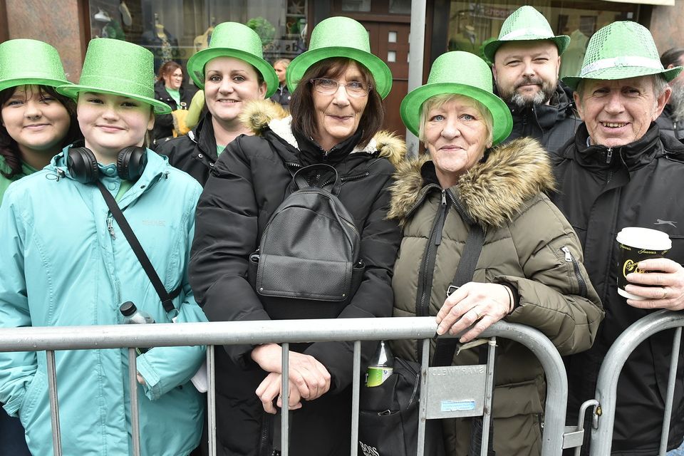 At the St Patrick's Day parade in Gorey were Chloe Clarke, Katie Clarke, Lynette Clarke, Therese Baird, Deidre Galvin, Paul Clarke, Tommy Galvin. Pic: Jim Campbell