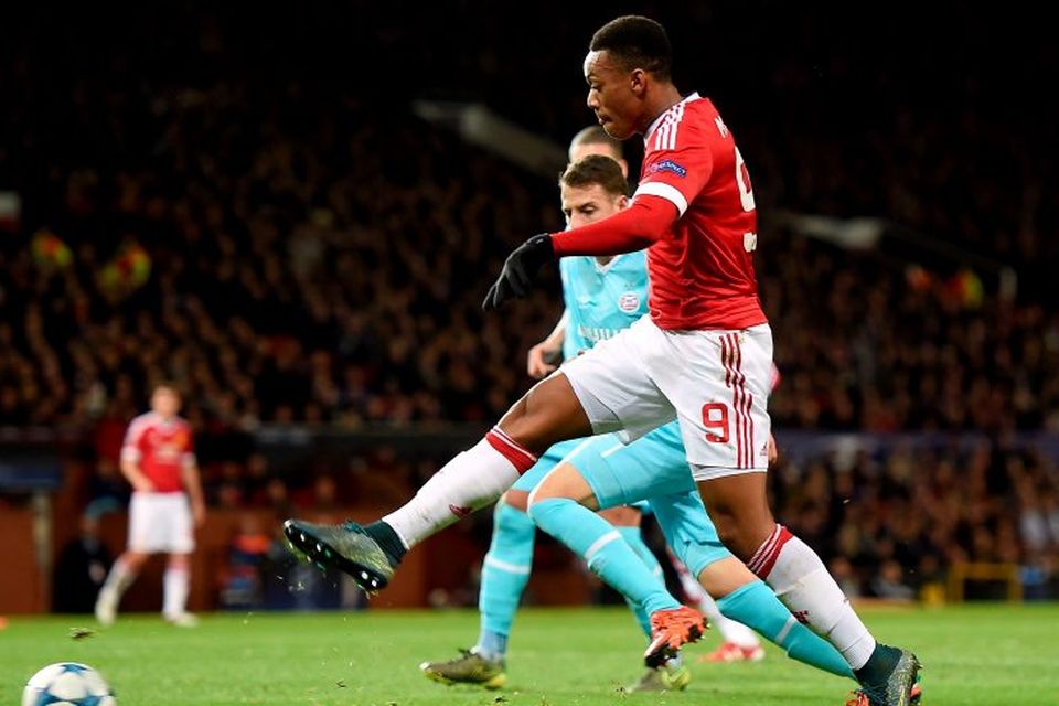 Anthony Martial with an effort on goal against PSV.