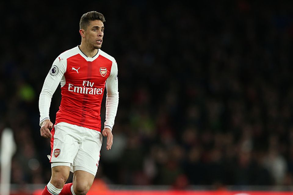 April 26th 2017, The Emirates, Arsenal, London England, EPL Premier League football, Arsenal FC versus Leicester City; Gabriel Paulista of Arsenal brings the ball forward  (Photo by John Patrick Fletcher/Action Plus via Getty Images)