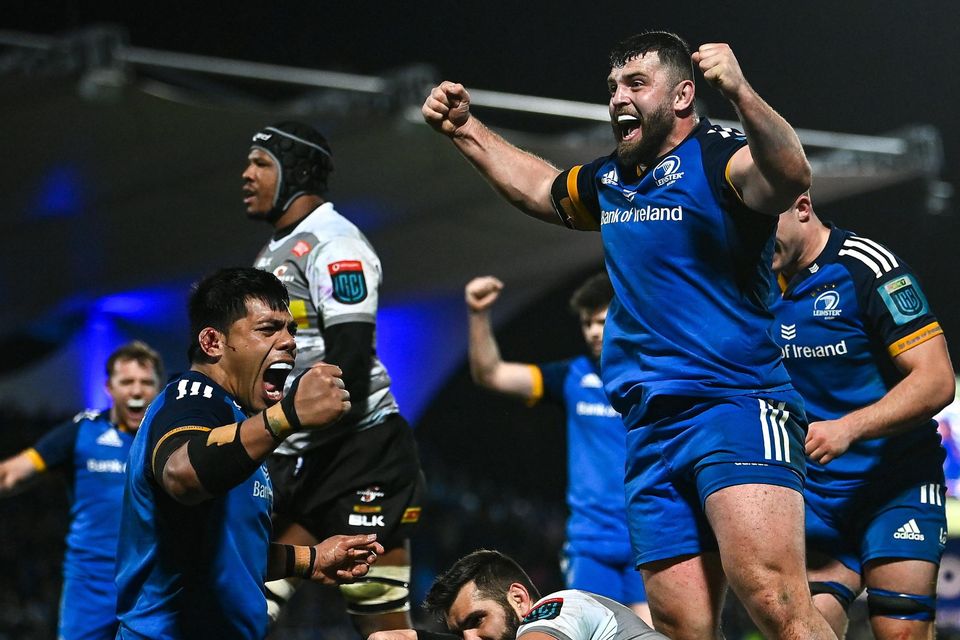 Leinster players celebrate a second-half try. Image: Sportsfile.