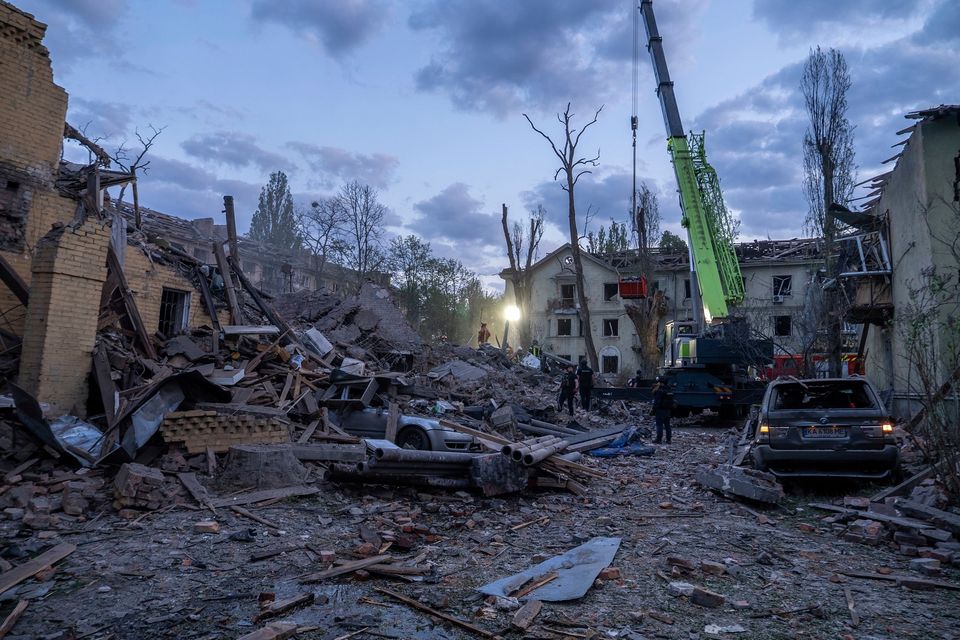 A Russian strike on a residential neighbourhood in Kyiv last Thursday, April 24. Photo: AP