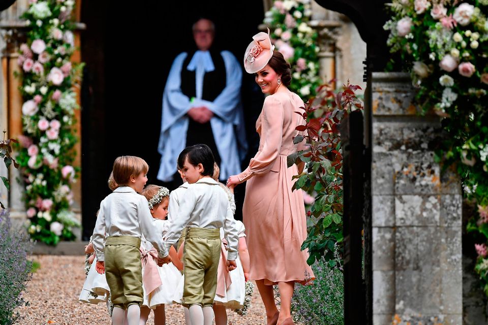The Duchess of Cambridge, arrives with pageboys and flower girls for her sister Pippa Middleton's wedding at St Mark's church in Englefield, Berkshire, to millionaire groom James Matthews at an event dubbed the society wedding of the year. PRESS ASSOCIATION Photo. Picture date: Saturday May 20, 2017. See PA story ROYAL Pippa. Photo credit should read: Justin Tallis/PA Wire