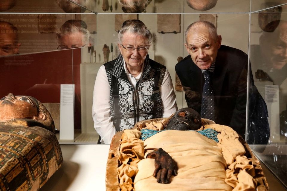 Window into past:  Professor Rosalie David, Egyptologist and Emeritus Professor at University of Manchester and Dr Greer Ramsey, Curator of Archaeology at National Museums NI with Takabuti at the Ulster Museum, Belfast