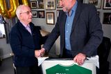 thumbnail: 1 February 2024; FAI president Paul Cooke presents a specially commissioned Republic of Ireland jersey to former kit man, referee and legislator, Charlie O'Leary on the occasion of his 100th birthday. Photo by Ray McManus/Sportsfile 