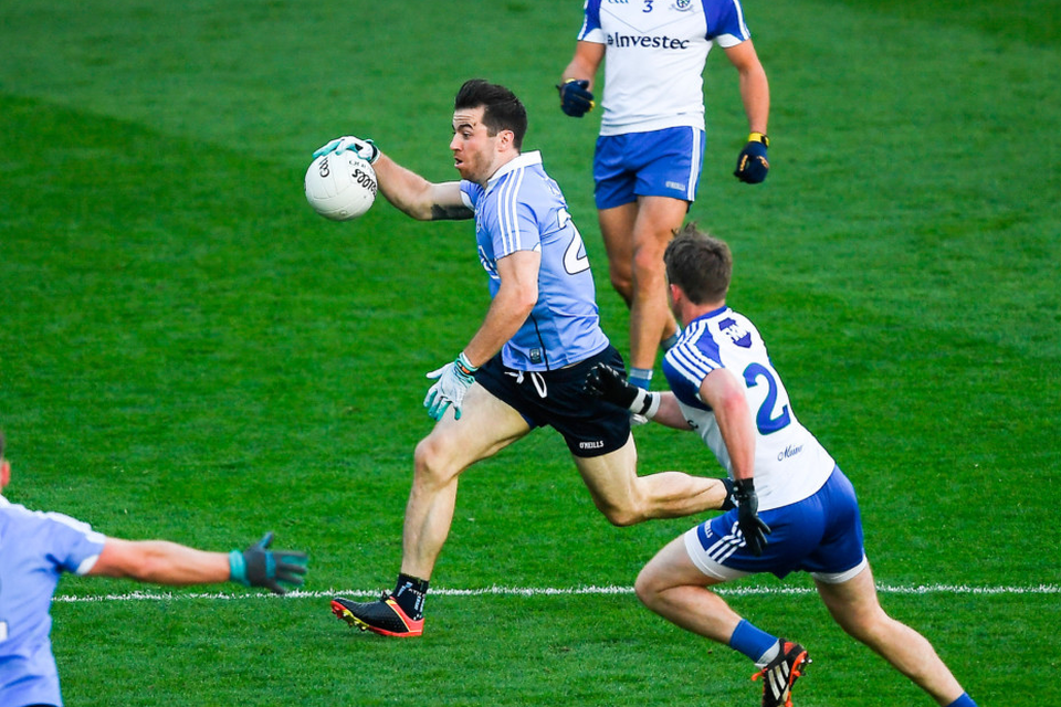 Dublin’s Michael Darragh Macauley powers through the heart of the Monaghan defence following his introduction last Saturday.
Pics: Sportsfile
