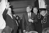thumbnail: American President John Fitzgerald Kennedy (J.F.K.)'s visit to Ireland June 1963. Lord and Lady Elveden's Garden Party at Áras an Uachtaráin.
Éamon de Valera and JFK in doorway.