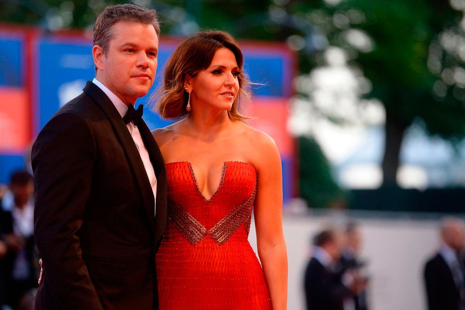 US actor Matt Damon and his wife Luciana Barroso arrive for the opening ceremony of the 74th Venice Film Festival and the premiere of the movie "Downsizing", on August 30, 2017 at Venice Lido.  / AFP PHOTO / Filippo MONTEFORTEFILIPPO MONTEFORTE/AFP/Getty Images