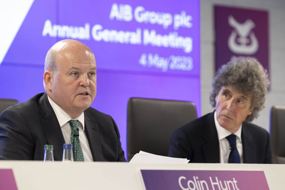 AIB chief executive Colin Hunt and chairman Jim Pettigrew at the AIB Group annual general meeting on Thursday. Photo: Shane O'Neill/Coalesce