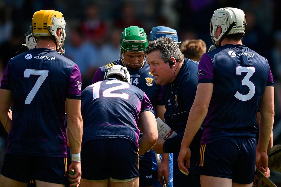 Wexford manager Darragh Egan gives instructions to his team ahead of defeat to Westmeath at Wexford Park. Photo: Daire Brennan/Sportsfile