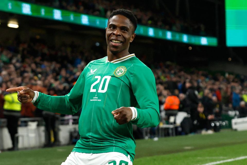 Ireland's Chiedozie Ogbene celebrates scoring his side's third goal against Latvia. Photo: Reuters/Clodagh Kilcoyne