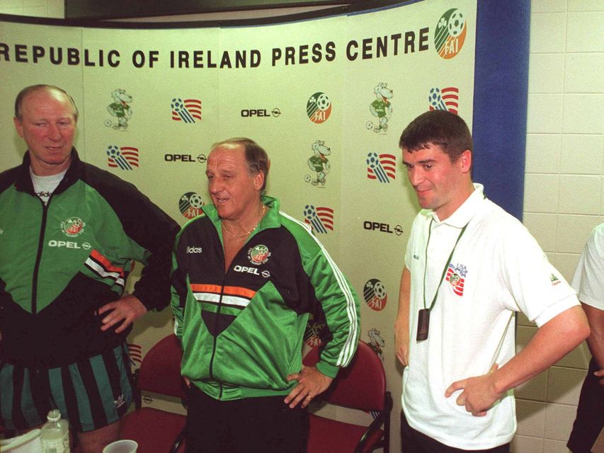 Maurice Setters, centre, accompanied by Jack Charlton and Roy Keane, speaks at a press conference during the 1994 World Cup to confirm that there had been no difference of opinion between himself and Roy