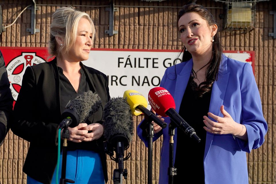 Michelle O'Neill (left) and Deputy First Minister Emma Little-Pengelly speak to the media after their visit to St. Paul's GAA club in west Belfast. Picture date: Wednesday March 6, 2024. Photo: Niall Carson/PA Wire