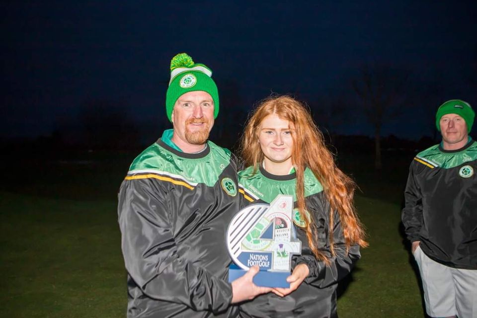 Joe and Katie with the inaugural Four Nations Footgolf trophy