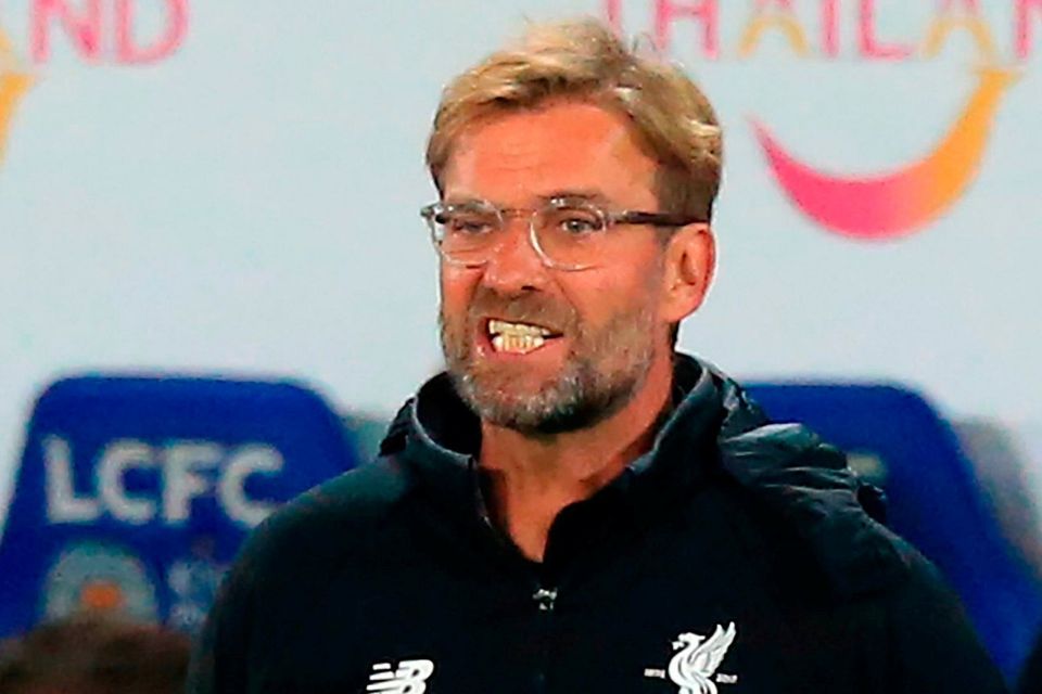 Liverpool manager Jurgen Klopp gestures on the touchline during the League Cup clash between Leicester City and Liverpool at King Power Stadium