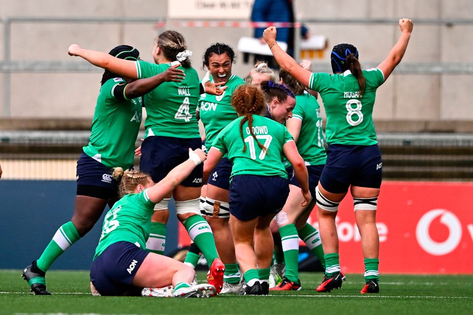 Ireland celebrate at the final whistle of their Six Nations victory over Scotland at the Kingspan Stadium, Belfast. Photo: Ben McShane/Sportsfile