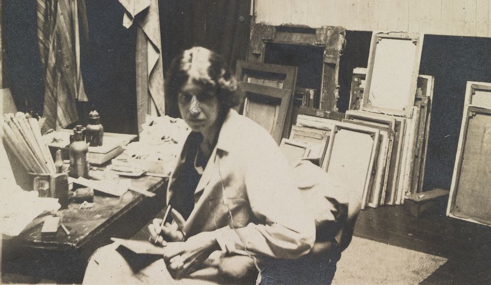 Photograph of artist Estella Solomons in her Pearse Street studio