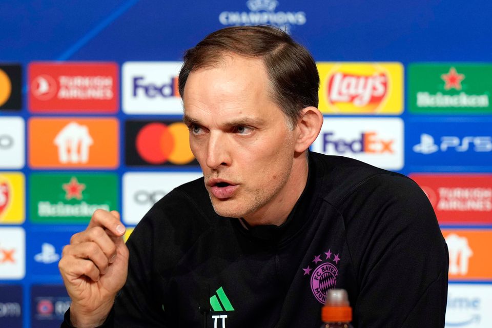 Bayern head coach Thomas Tuchel gestures during a news conference in Munich ahead of the Champions League semi-final first leg against Real Madrid. (AP Photo/Matthias Schrader)