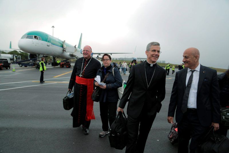 09/08/2015 Cardinal TImothy Dolan, Archbishop of New York and  archbishop Charles Brown, Papal Nuncio to Ireland  arriving on the Aer Lingus flight carrying pilgrims from New York to Knock Shrine at Ireland West Airport Knock. Photo : Keith Heneghan / Phocus