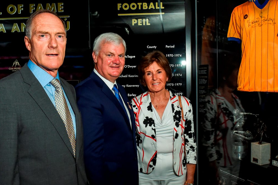Kerry legend John O’Keeffe with President Aogán Ó Fearghail and Mary Earley,
wife of the late Dermot Earley, at the GAA’s Hall of Fame in Croke Park. Photo: Matt Browne/Sportsfile