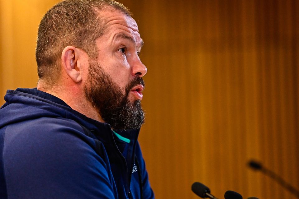 16 March 2023; Head coach Andy Farrell speaking during an Ireland rugby media conference at the Aviva Stadium in Dublin. Photo by Sam Barnes/Sportsfile