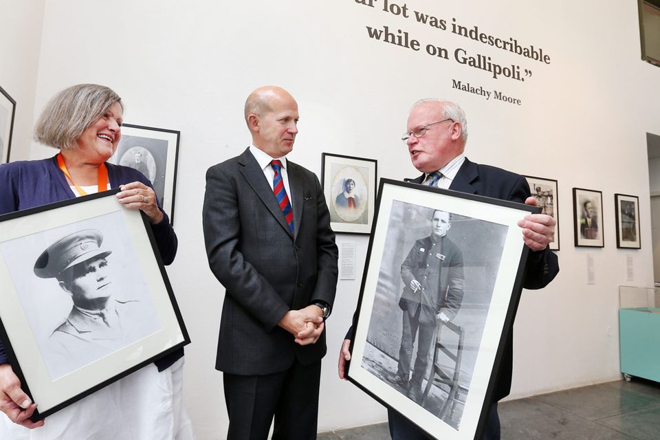Carole Budd Cullen (left), a relative of Charles Budd, and Brian Meyer (right), a relative of Frank Meyer, with British Ambassador to Ireland Dominick Chilcott at the exhibition