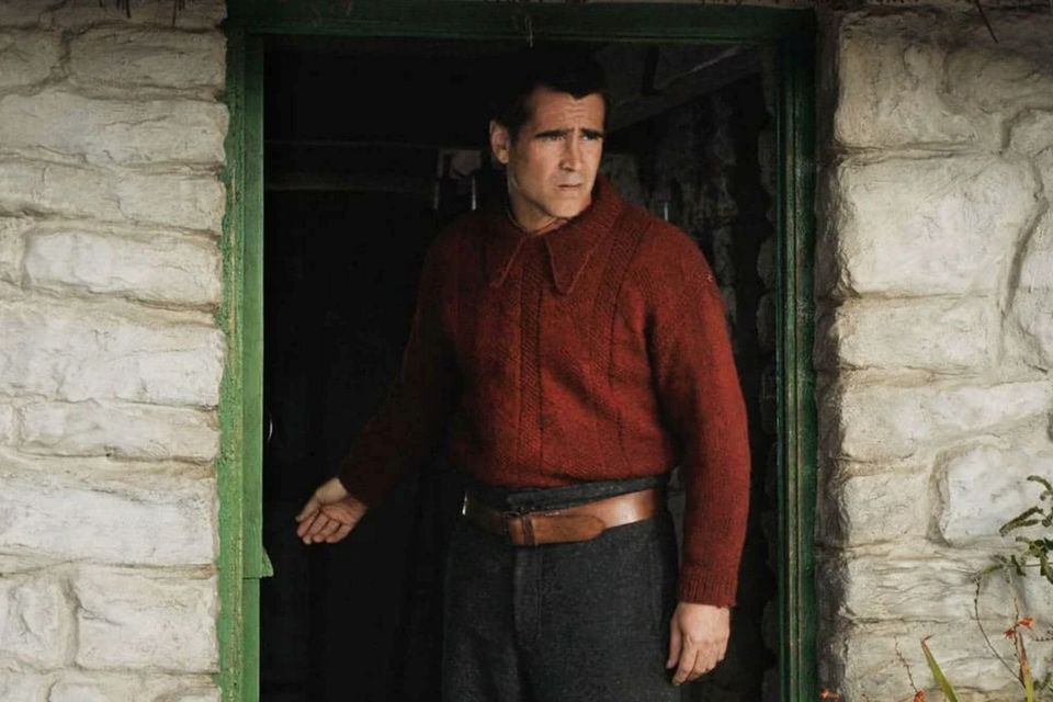 The red sweater with peaked collars knitted  by Delia Barry, which Colin Farrell wore in The Banshees of Inisherin