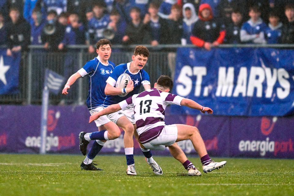 Donal Manzor of St Mary’s College is tackled by Dylan Morrissey of Clongowes Wood College during the Bank of Ireland Leinster Schools Junior Cup Round 1 match at Energia Park in Dublin. Photo: Daire Brennan/Sportsfile