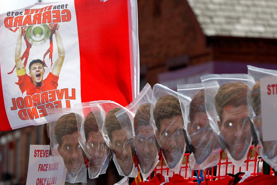 Merchandise on sale, with Steven Gerrard as the main selling point, before the Barclays Premier League match at Anfield, Liverpool. 
Peter Byrne/PA Wire